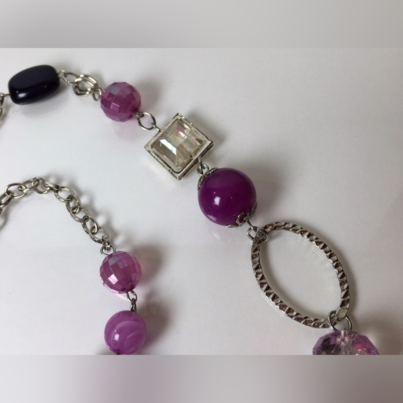 Pink And Purple Bead Silver Tone Chain Necklace 36.5 Inches - Picture 5 of 6